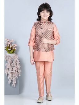 AJ Dezines - Boys Cotton Silk Embroidered Floral Stripe Kurta - Peach (Set of 3)